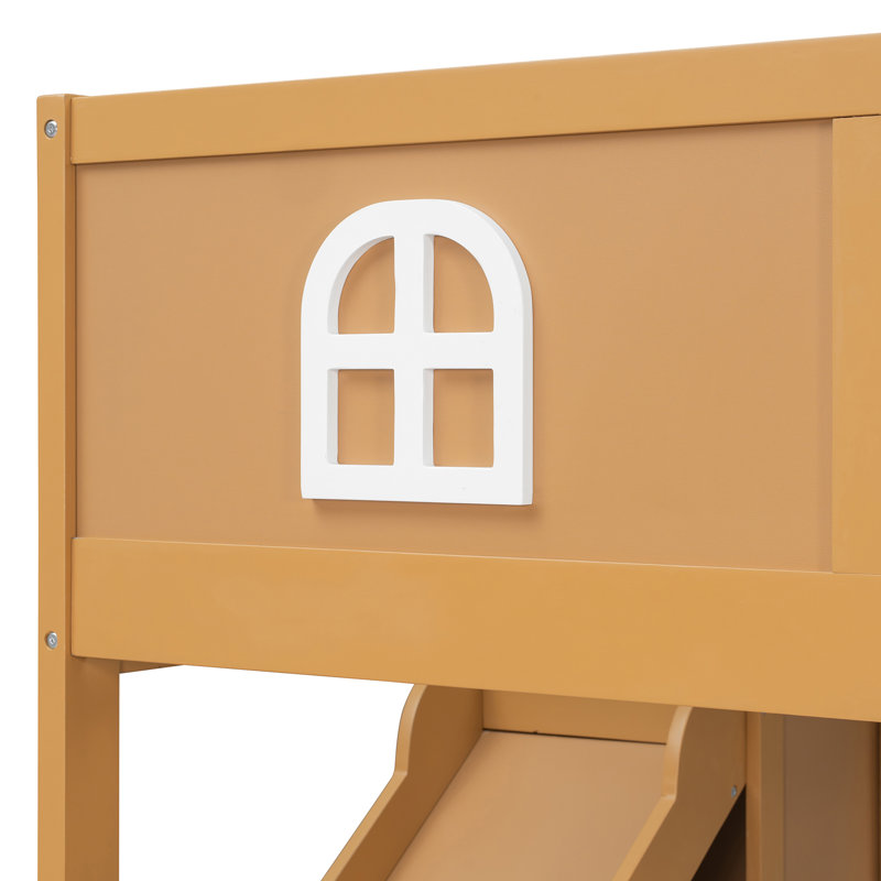 Lit superposé double au-dessus de grand lit PlayNest avec glissière et escalier de rangement pour enfants, Natural