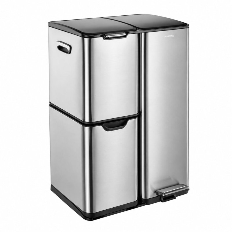 60l Triple Compartment Kitchen Recycling Bin w/ Step Pedal, Silver