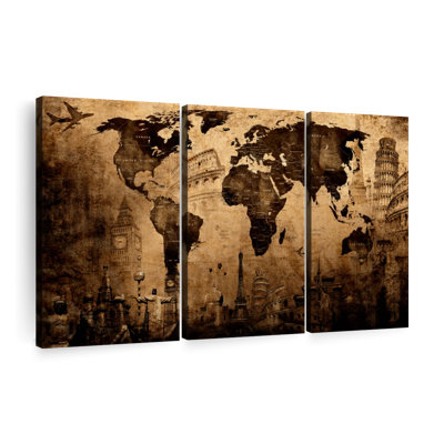 " Old Landmark World Map " 3 - Pieces