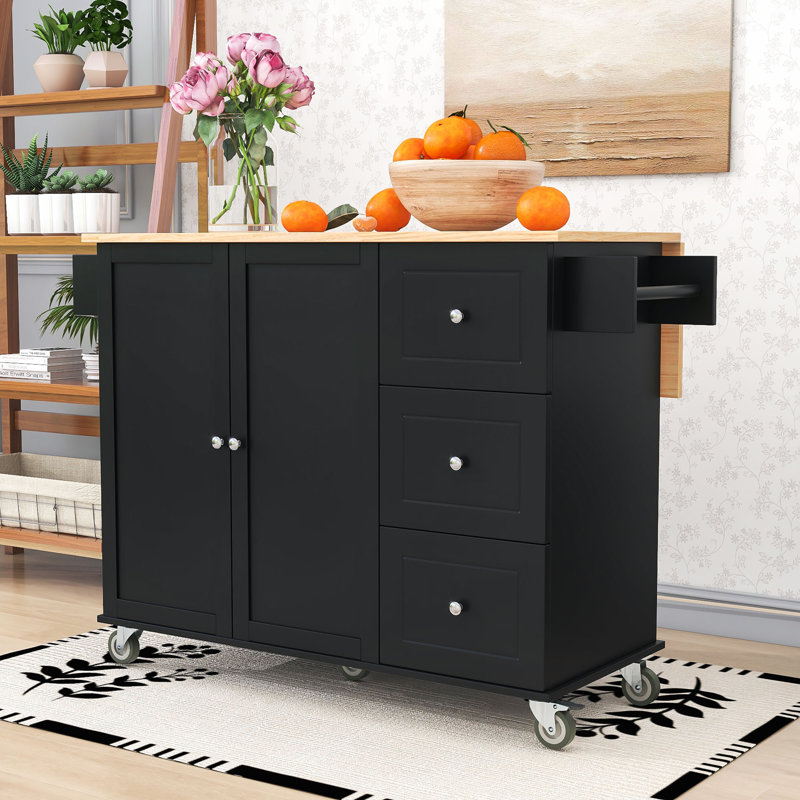 Draden 3 Drawers Rolling Mobile Kitchen Island With Wood Top, Black