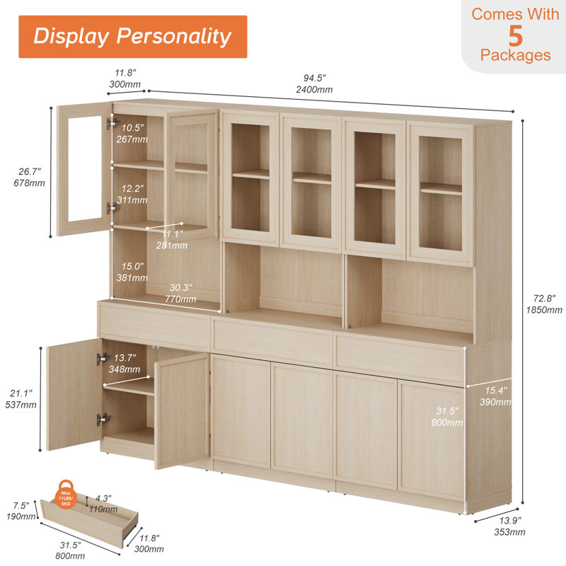 Buffet en bois de 94,5 po de large avec portes en verre, tiroirs et tablettes réglables, armoire de rangement en verre de 72 po de hauteur pour la cuisine de la salle à manger