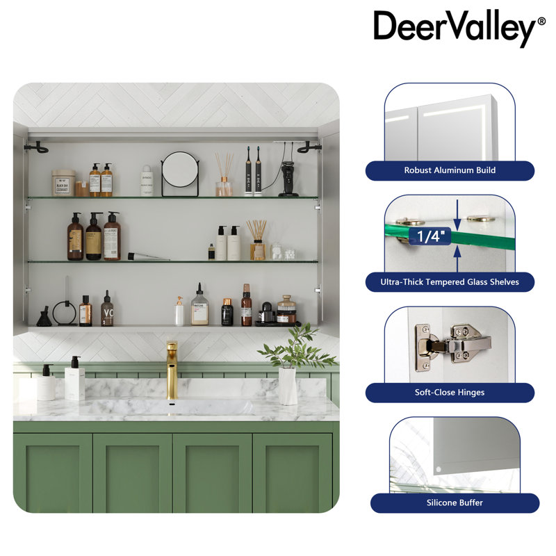 48" W x 32" H Surface LED Mirror Medicine Cabinet with Light, Anti-Fog, Dimmable 3-Tone LED Light, 2 Shelves