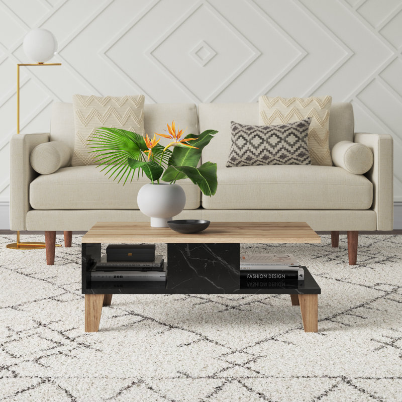 Modern Coffee Table, Oak & Marble Finish, 35.4 x 13.9 x 21.3 inches | 100% Melamine Coated Particle Board, Thickness: 0.7 inches | Stylish & Durable Design for Living Room, Elegant Novelty Concept