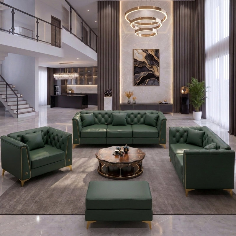 Canapé Chesterfield modulaire avec capitonnage à boutons et accoudoirs à garniture en métal, comprend 6 coussins, Green
