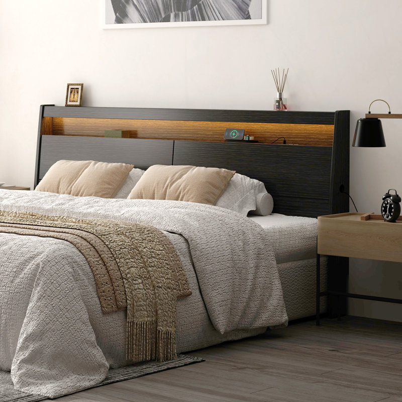 King Size Headboard With Led Lights, Storage Cabinet & Built-in Charging Station, Modern Wooden Headboard With Baseboard Groove Design, Easy Assembly