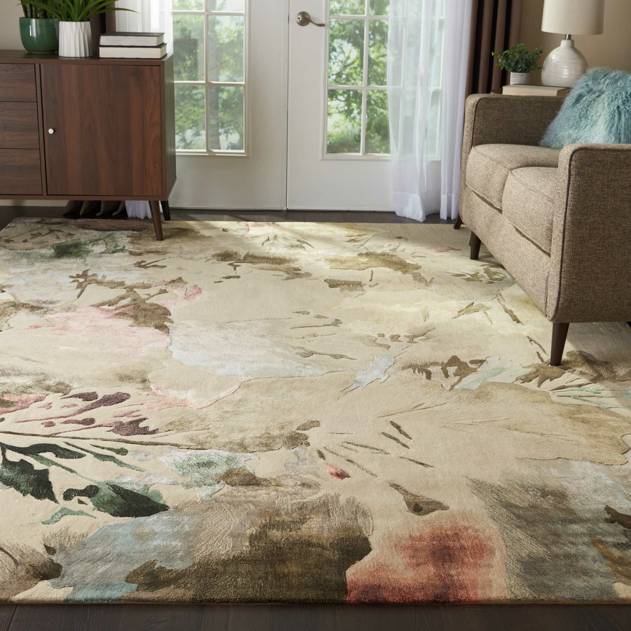 Cream colored hand knotted hand made floral design scatter rug