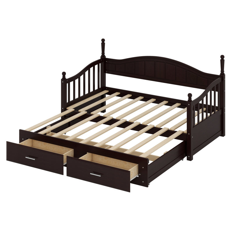 Lit de jour avec lit gigogne, lit de jour extensible avec deux tiroirs de rangement, Espresso