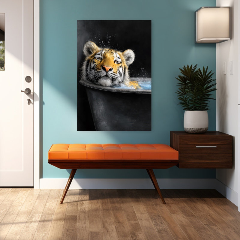 «Tiger in Bathtube 4», art mural tigre contemporain, H 48 po x l 32 po