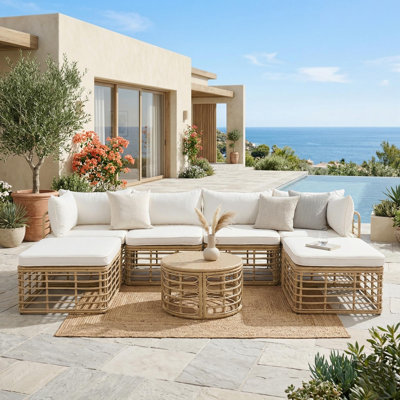 Ensemble de mobilier d'extérieur 7 pièces - Canapé modulaire en rotin toutes saisons avec coussins et coussins épais, ensemble de conversation librement combiné pour le jardin, la cour ou le balcon