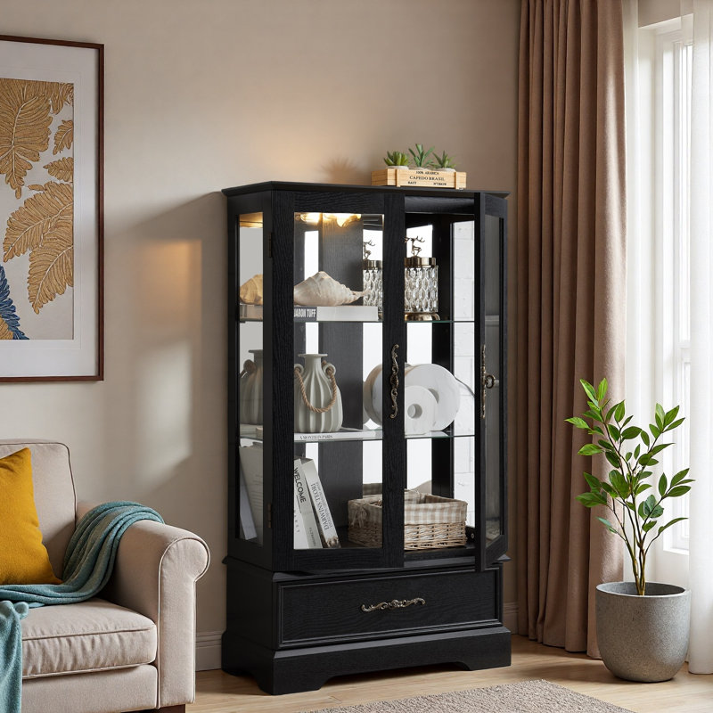 Lighted Glass Curio Cabinet With Led Light, Adjustable Shelves And Drawer