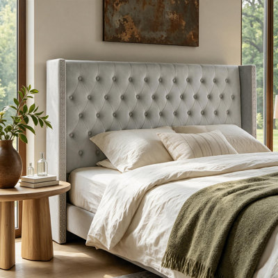 Tufted Wingback Upholstered Headboard with Nailhead Trim