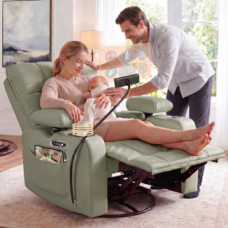 Fauteuil inclinable électrique pivotant l 34 po avec accoudoirs réglables et support pour téléphone, Vert