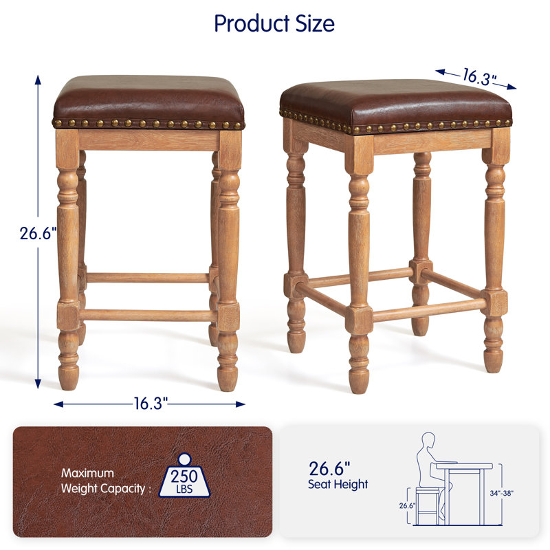 Tabourets de bar à hauteur de comptoir, tabourets de comptoir de cuisine sans dossier, rembourrés de style Mid-Century avec structure en bois massif et cuir ciré à l'huile pour la salle à manger de l'îlot de cuisine