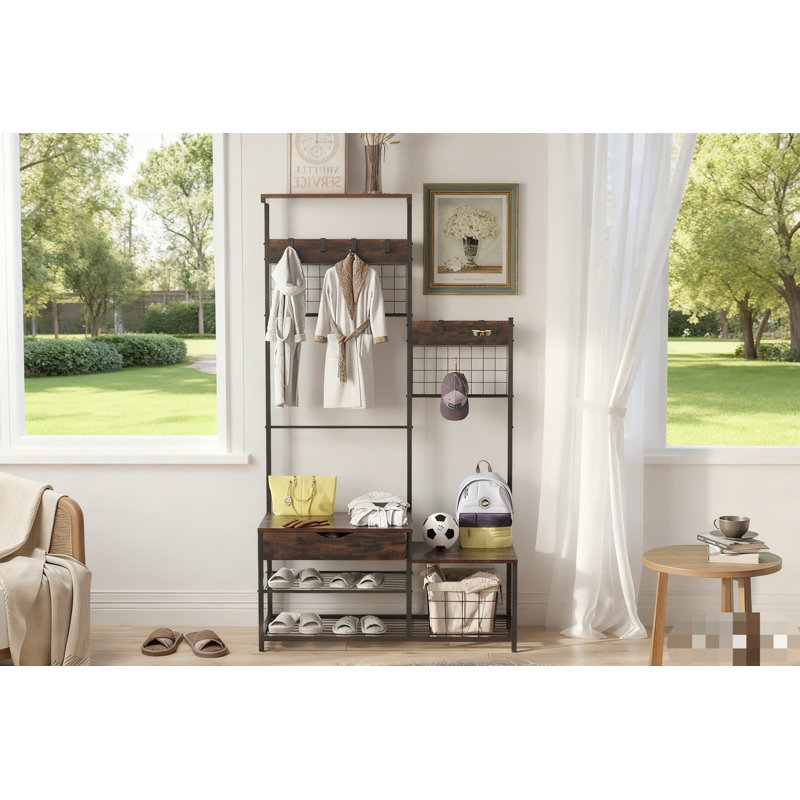 4-in-1 Hall Tree With Storage Drawer & Soft Cushion - Industrial Entryway Bench Coat Rack, Antique Brown, Parent-child Design With Stable Metal Frame