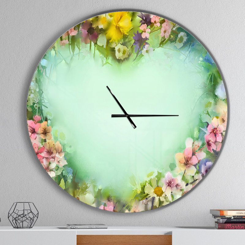 Fleurs rétro avec forme de cœur - horloge murale moderne, Surdimensionné