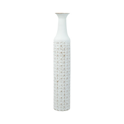 30" H x 5" W x 5" D White Iron Vase With Geometric Motif