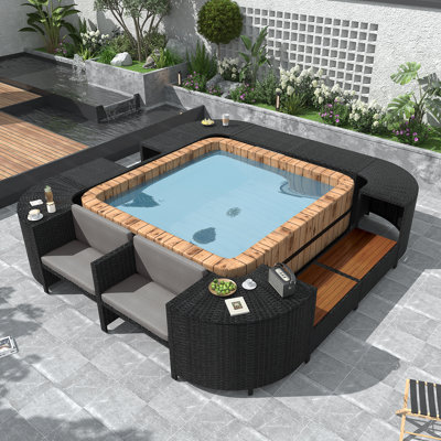 74" Square PE Rattan Hot Tub Spa Surround Sectional Sofa Set with Wooden Seats, Waterproof Removable Beige Cushions & Multi Storage Cabinet, Grey