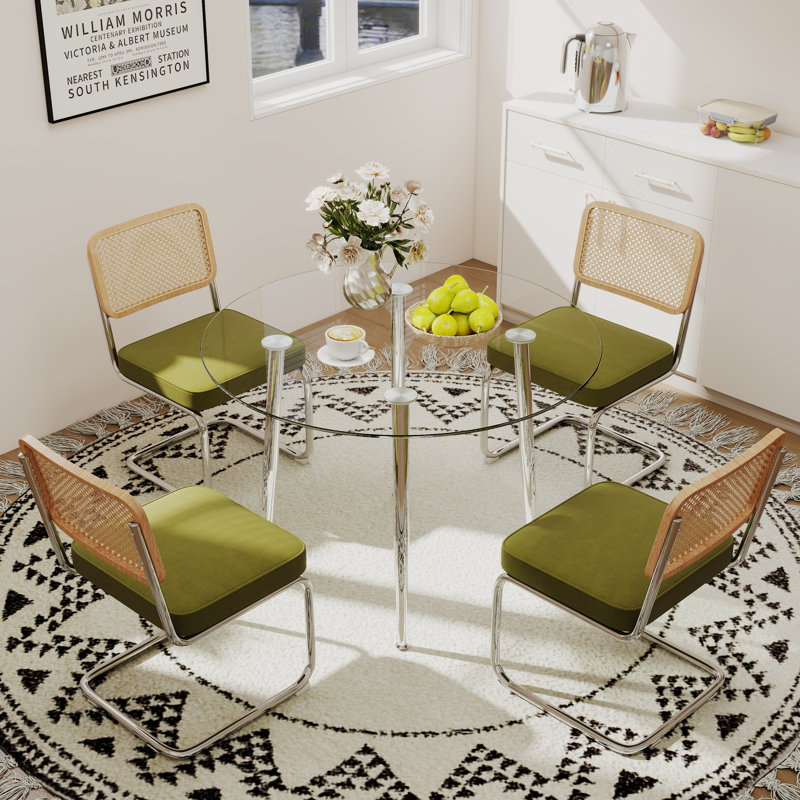 Round Glass Top Dining Set, 29.5"H x 36"L x 36"W, Green, 5 Pieces: Table, 4 Chairs