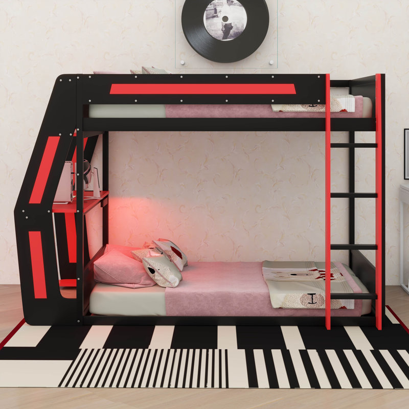 Lit superposé double avec bureau et lumière DEL, Rouge