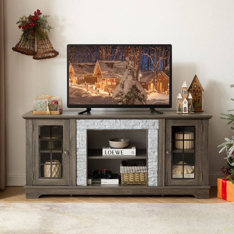 58" Modern TV Stand With 2-Door Storage, Faux Stone Media Console Cabinetlarge Entertainment Center For Living Room, Gray