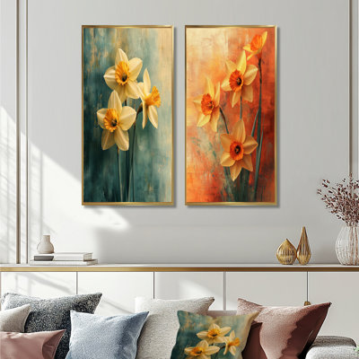 Jonquille «Radiance In Pastels Impressionist I», art mural floral, collection 2 panneaux