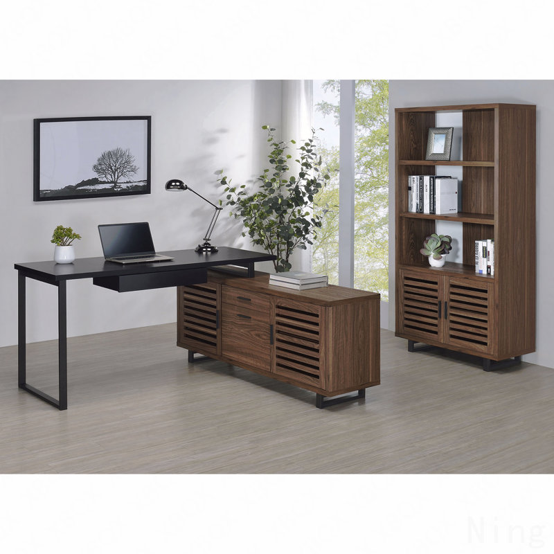 Bureau d'ordinateur en L, noir et noyer