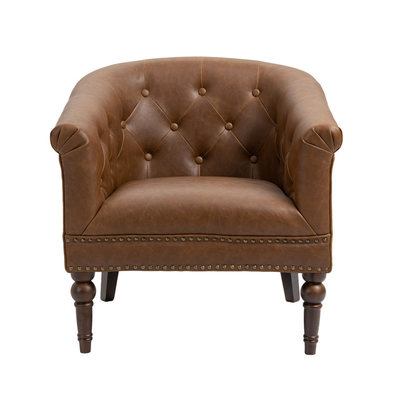 Edvardas 61.9 Cm Wide Tufted Barrel Chair, Brown Faux Leather
