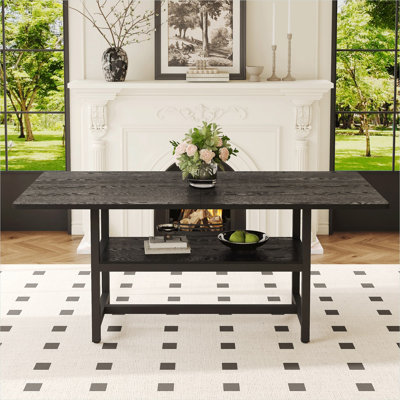 Table de salle à manger rectangulaire avec plateforme de rangement, panneau de fibres à densité moyenne noir classique et métal, 4 à 8 places, design minimaliste moderne pour la cuisine ou la salle à manger