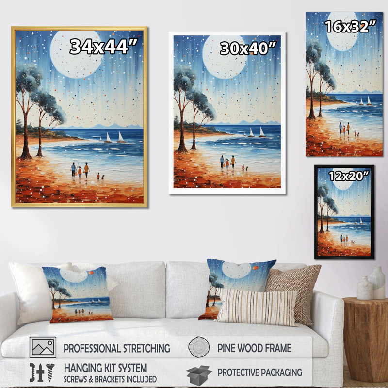 «Beach Sandy Serenade Pointillism I», reproduction sur toile, H 20 po x l 12 po x P 1 po, Cadre flottant doré