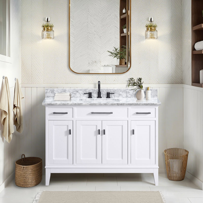 Meuble-lavabo simple 48 po avec plateau Anglet, Blanc de Carrare, Blanc