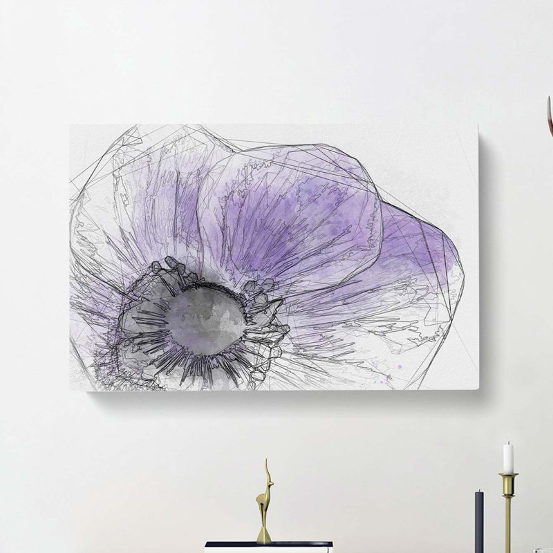 Purple Anemone Flower in Abstract - Wrapped Canvas Drawing - Wrapped Canvas, 40cm H x 60cm W x 3cm D