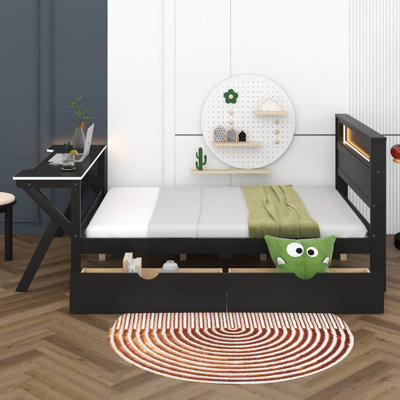 Lit plateforme en bois pleine grandeur avec tête de lit à DEL, bureau à DEL, USB et deux tiroirs de rangement
