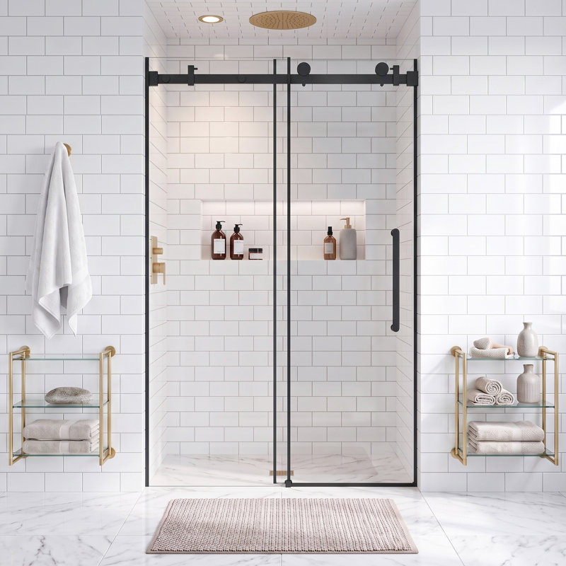 Porte de douche coulissante sans cadre, 112-122 cm L x 193 cm H, noir mat, verre trempé transparent de 6 mm, film anti-explosion, poignée en acier inoxydable, rail tubulaire carré