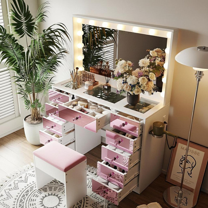  Coiffeuse de maquillage avec miroir lumineux Hollywood, 11 tiroirs, façades en verre rose, support pour sèche-cheveux et tabouret, rose, blanc