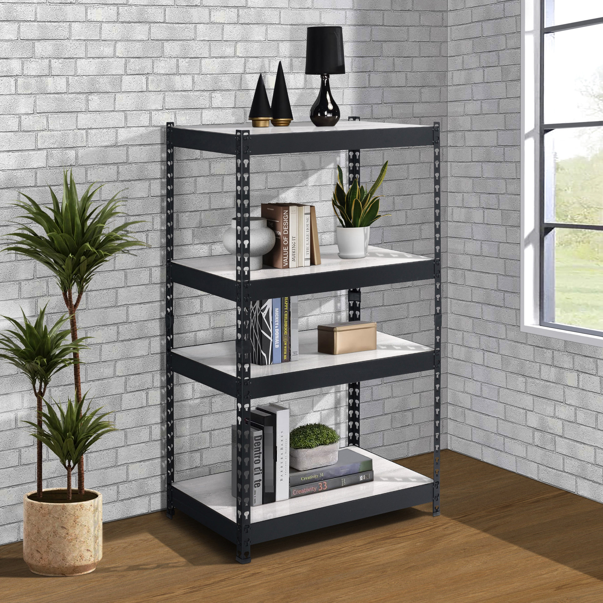 Rectangle Bookcase Wovilo 4-Shelf Rectangular Bookcase In Natural And Black For Displaying ...