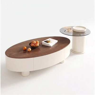 Modern 2-Piece Nesting Coffee Table Set, Oval Walnut Veneer Top With Ribbed Storage Drawers & Round Tempered Glass Side Table