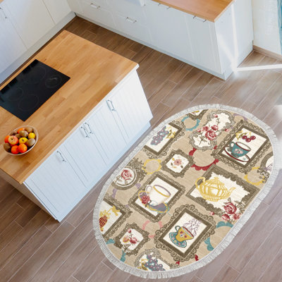 Tapis ovale en polyamide tissé à la machine en brun / beige / bleu