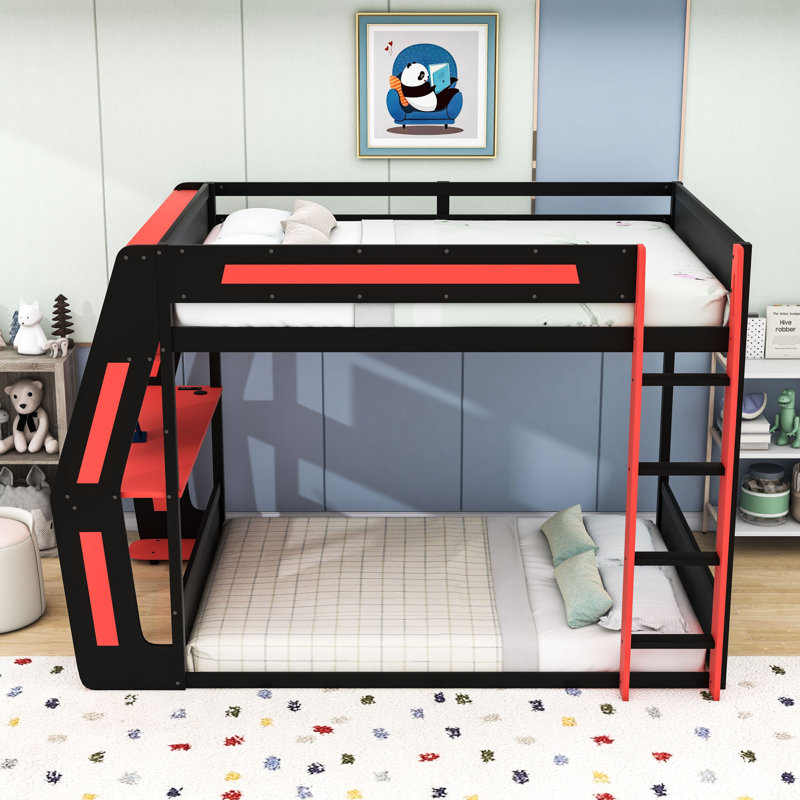 Lit superposé avec bureau, ports de chargement USB et lumière DEL, Rouge