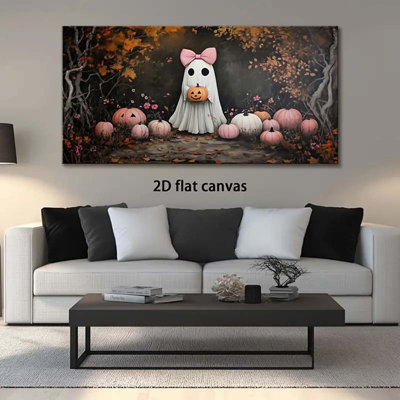 Halloween Canvas Wall Art,20*30,0.75,Framed Abstract Painting with Cute, Pink Bows & Pumpkins, Autumn Leaves & Flowers.