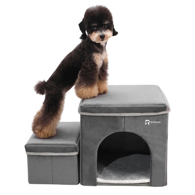 2-Step Foldable Pet Stairs With Storage And Cozy Bed For Dogs And Cats