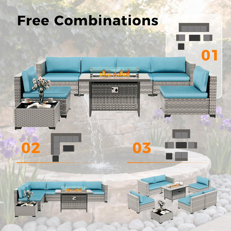6-Piece Rattan Outdoor Conversation Set with Cushions and Glass Coffee Table & Optional Fire Pittable, Blue