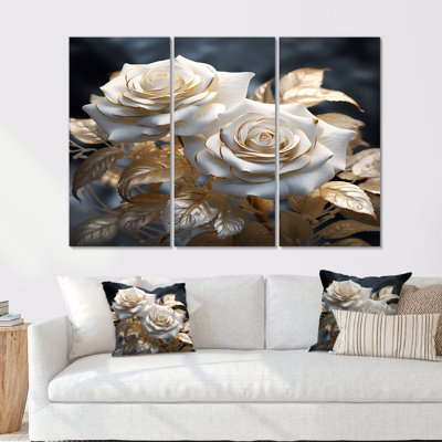White Rose Golden Leaves On Grey III - Roses Wall Art Print Set