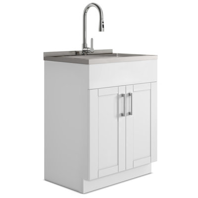 Évier utilitaire moderne 28 po avec armoire coulissante et évier en acier inoxydable, blanc