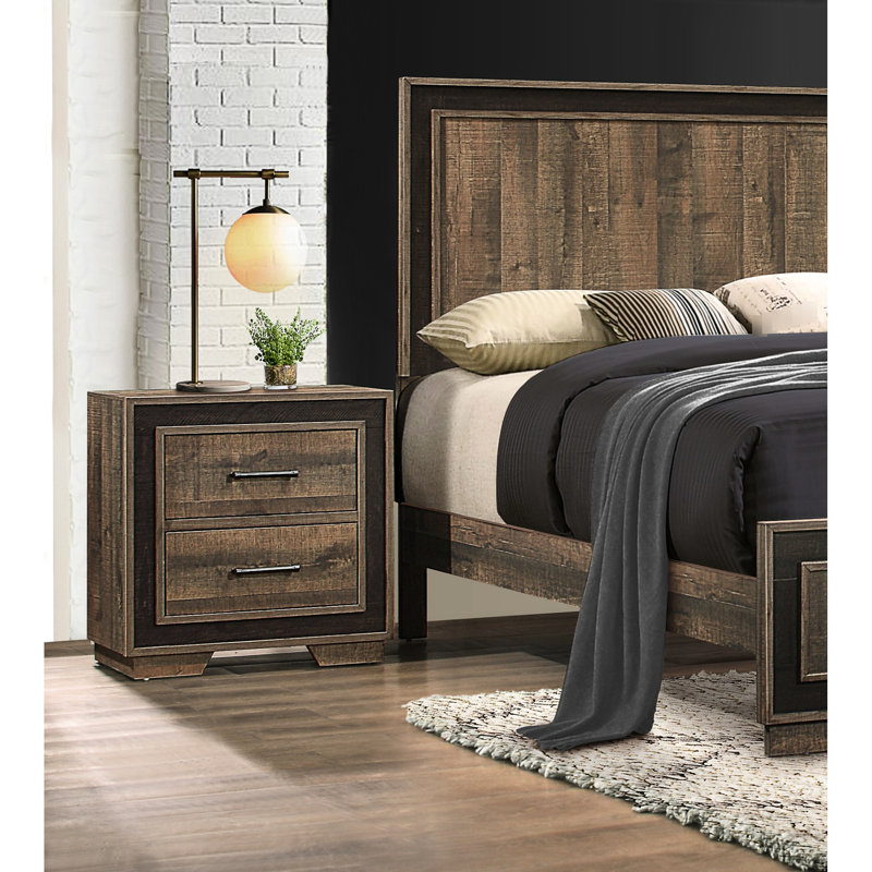 Table de chevet de chambre à coucher à thème rustique, 2 tiroirs et table de chevet à glissières en métal, ébène foncé