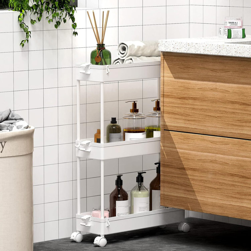 3 Tier Bathroom Storage Organizer Laundry Room Utility Cart Mobile Shelving Unit, Multi-Purpose, White
