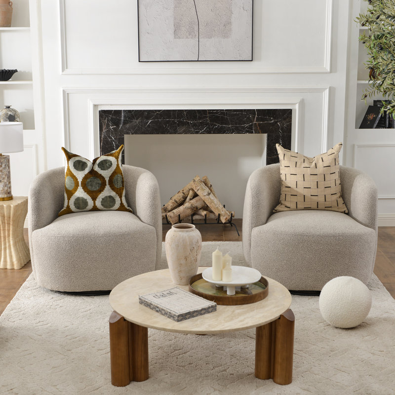 Bruschi 34" Wide Boucle Polyester Upholstered Swivel Armchair, Taupe Boucle