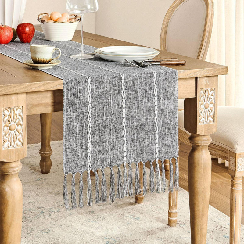 Gray Braided Striped Polyester Table Runner with Tassels