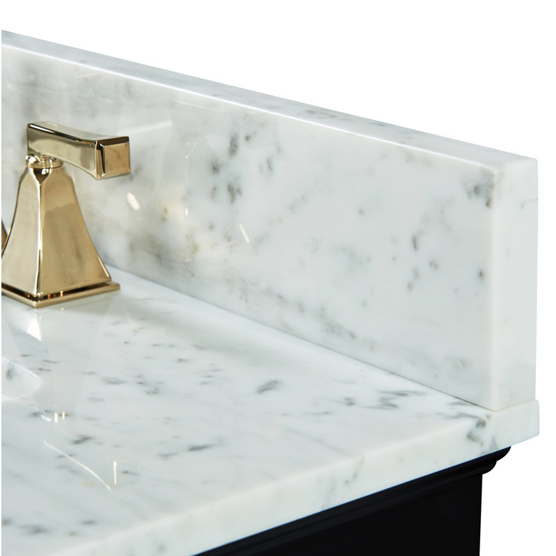 Ensemble de meuble-lavabo double 60 po Varna, Noir onyx / or brossé, Marbre blanc de Carrare