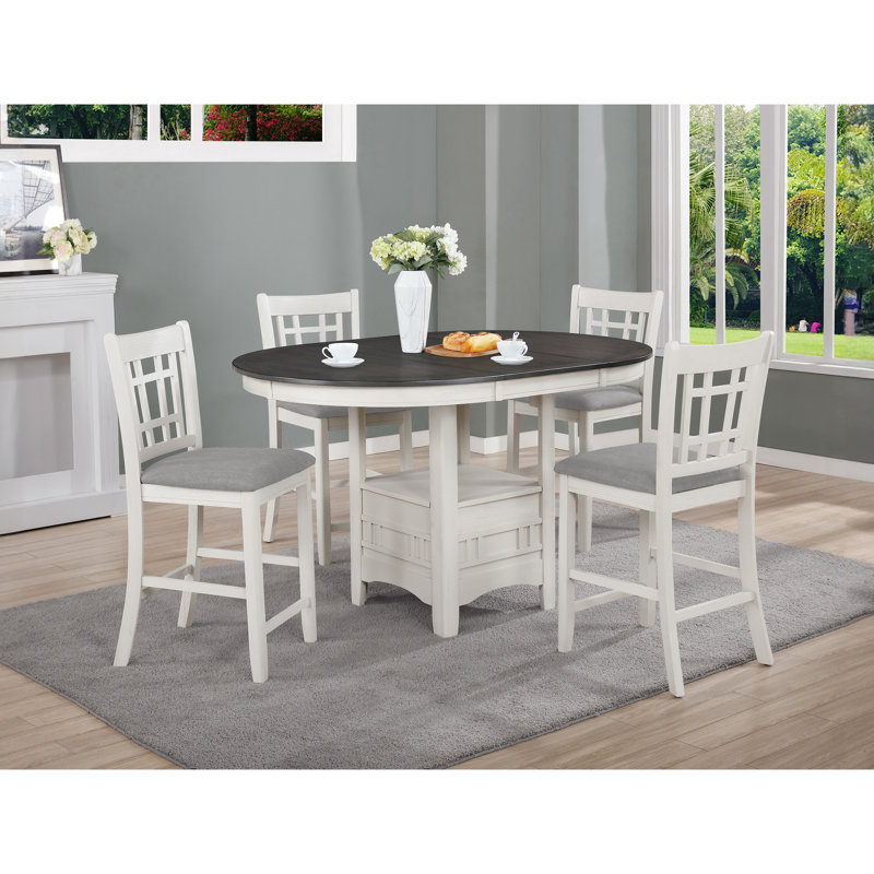 Table de salle à manger à hauteur de comptoir de 5 pièces de style contemporain, table ovale en feuille de 18 po, revêtement gris, rangement pour table, assise 4 po pour 5 pièces extensibles 4, et rangement pour