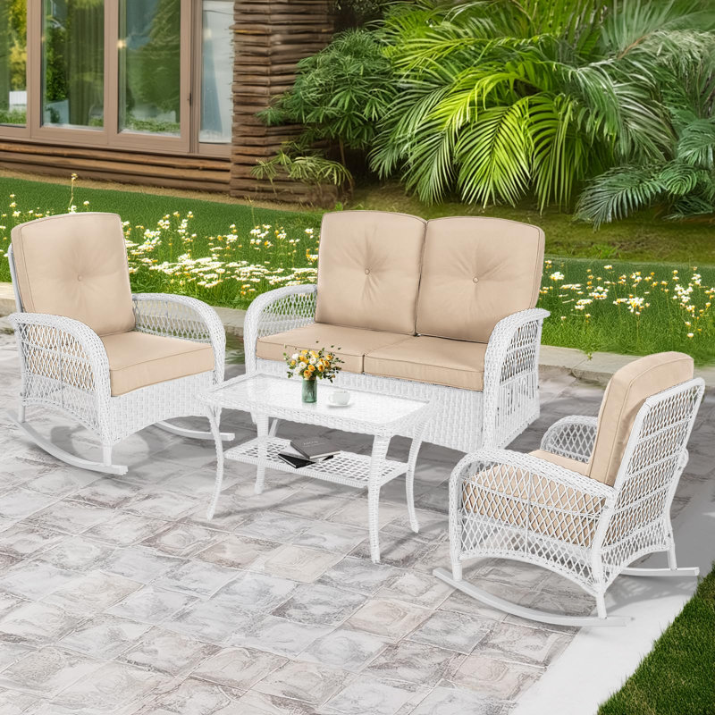 Ensemble de conversation d'extérieur en osier 4 pièces avec causeuse et fauteuil oscillant Winston Porter, Beige